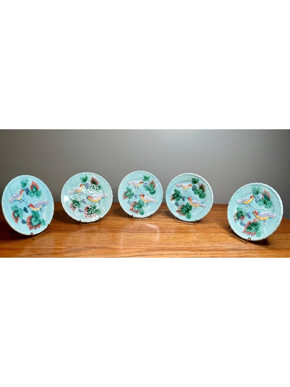Set 5 Antique MAJOLICA German 7.5" Plate Bird & Berry Pattern Black Forest